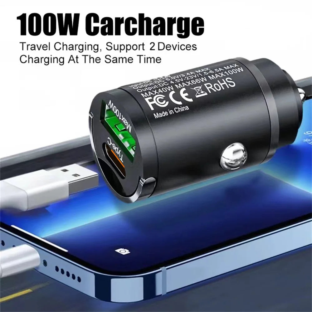 100W Mini USB C Car Charger Fast Charging Type C Car Phone Charger For iPhone 15 14 Xiaomi Samsung Car Charger Cigarette lighter