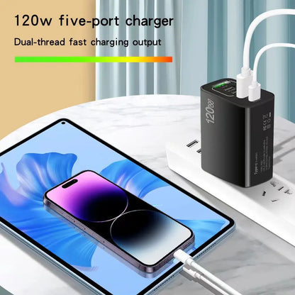 120W PD 5 Port USB Charger Fast Charging QC3.0 USB C Type C Mobile Phone Charger For iPhone Huawei Samsung Xiaomi Quick Charge