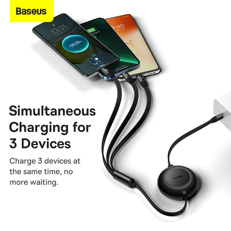 Baseus Retractable 100W 3 in 1 USB Charge Cable For Macbook Samsung Xiaomi USB Type C Cable Charging Cable for iPhone 14