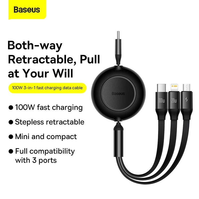 Baseus Retractable 100W 3 in 1 USB Charge Cable For Macbook Samsung Xiaomi USB Type C Cable Charging Cable for iPhone 14