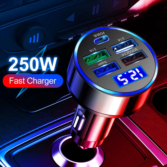 250W LED Car Charger 5 Ports Fast Charge