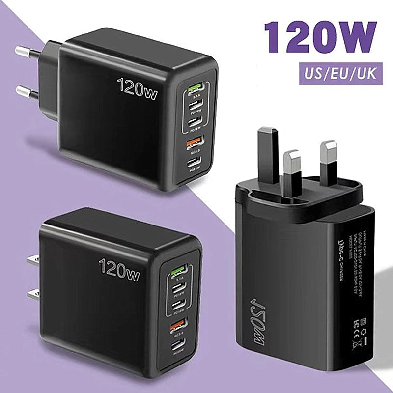 120W PD 5 Port USB Charger Fast Charging QC3.0 USB C Type C Mobile Phone Charger For iPhone Huawei Samsung Xiaomi Quick Charge