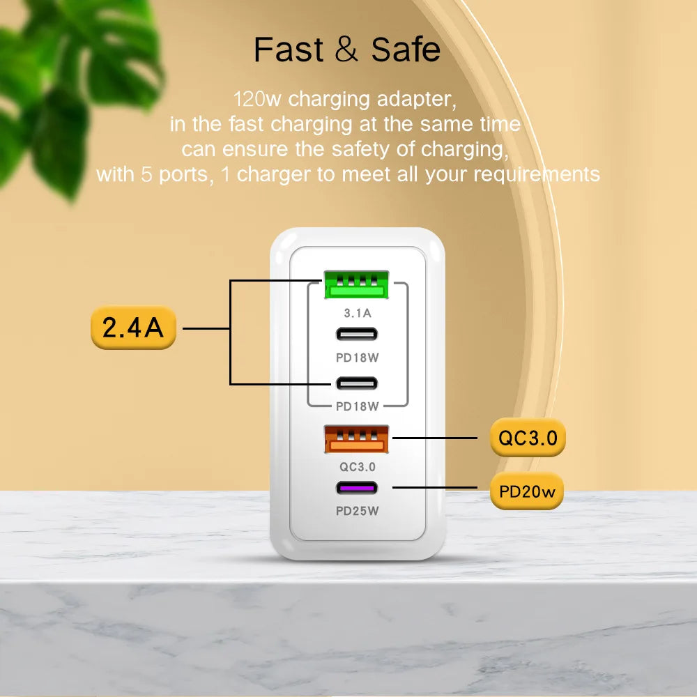 120W PD 5 Port USB Charger Fast Charging QC3.0 USB C Type C Mobile Phone Charger For iPhone Huawei Samsung Xiaomi Quick Charge