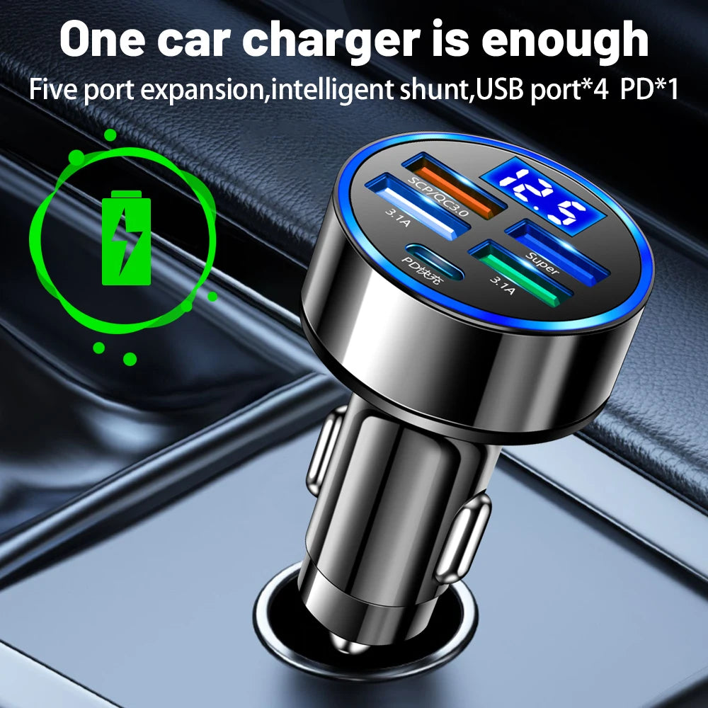 250W LED Car Charger 5 Ports Fast Charge