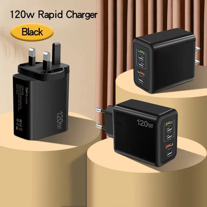 120W PD 5 Port USB Charger Fast Charging QC3.0 USB C Type C Mobile Phone Charger For iPhone Huawei Samsung Xiaomi Quick Charge