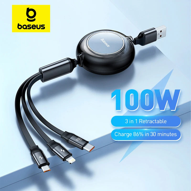 Baseus Retractable 100W/66W 3 in 1 USB Charge Cable For Macbook Samsung Xiaomi USB Type C Cable Charging Cable for iPhone 14