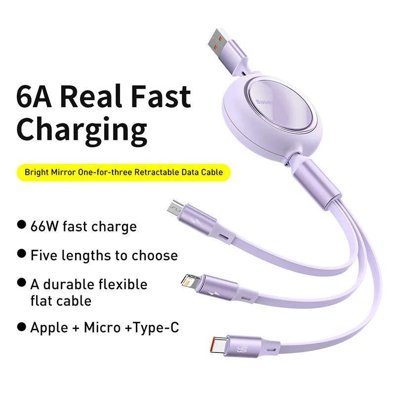 Baseus Retractable 100W/66W 3 in 1 USB Charge Cable For Macbook Samsung Xiaomi USB Type C Cable Charging Cable for iPhone 14